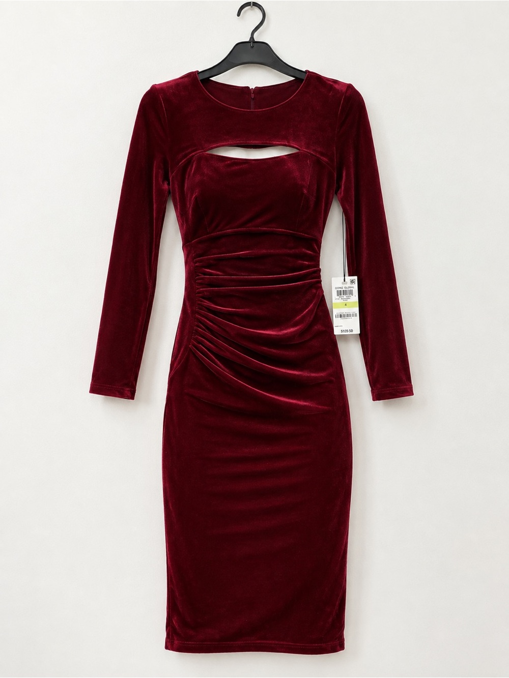 INC International Concepts Deep Red Velvet Long-Sleeve Ruched Cutout Dress